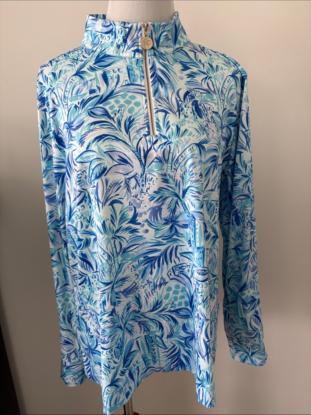 Light Blue Tropical-Print Women's Swim Coverup - Long Sleeve Zip-Rash Guard